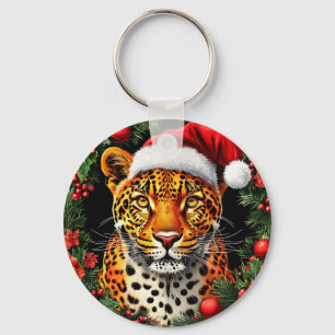 Chaveiro Leopardo Festivo Usando Chapéu de Papai Noel