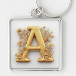 Chaveiro Letra A Dourada Elegante com Flores Delicadas