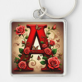 Chaveiro Letra A Vermelha Elegante por Rosas e Borboleta