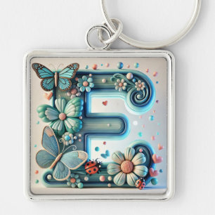 Chaveiro Letra E Floral Elegante com Borboletas