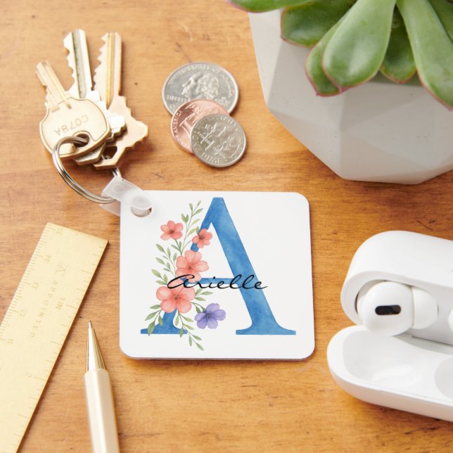 Chaveiro Letra floral A personalizada com aquarela monogram (Mesa)