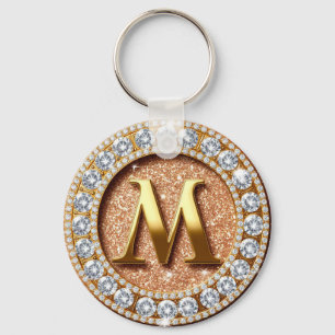 Chaveiro Letra Monograma M em Fundo de Brilho Dourado Rosa