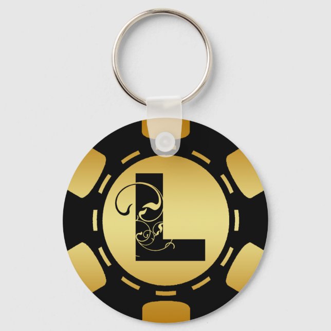 CHAVEIRO LETRA NEGRA E DOURADA MONOGRAMA L POKER CHIP (Frente)