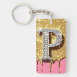 Chaveiro Letra P Monograma Dourado com Diamante Rosa Presen