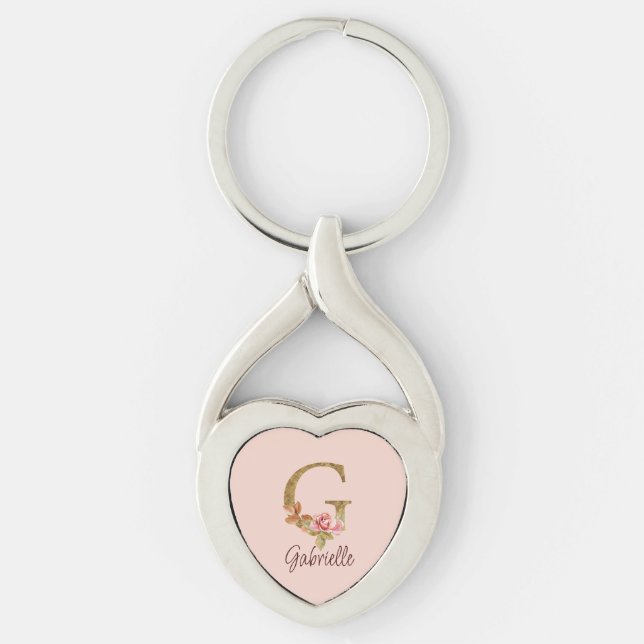 Chaveiro Letra Personalizada G Dourado Folha Rosa Bege Rosa (Frente)