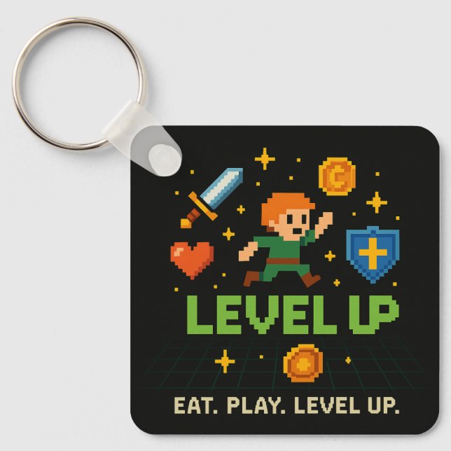 Chaveiro Level Up Gamer Keychain – Pixel Retro Style (Frente)