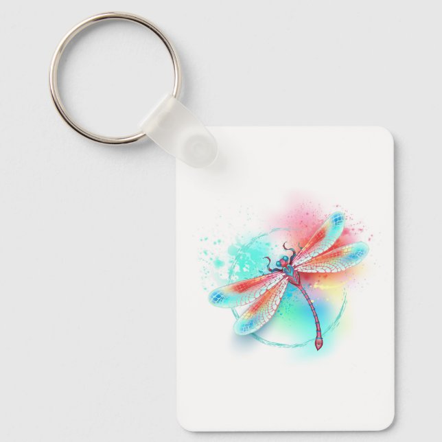 Chaveiro libélula vermelha sobre fundo de aquarela (Frente)