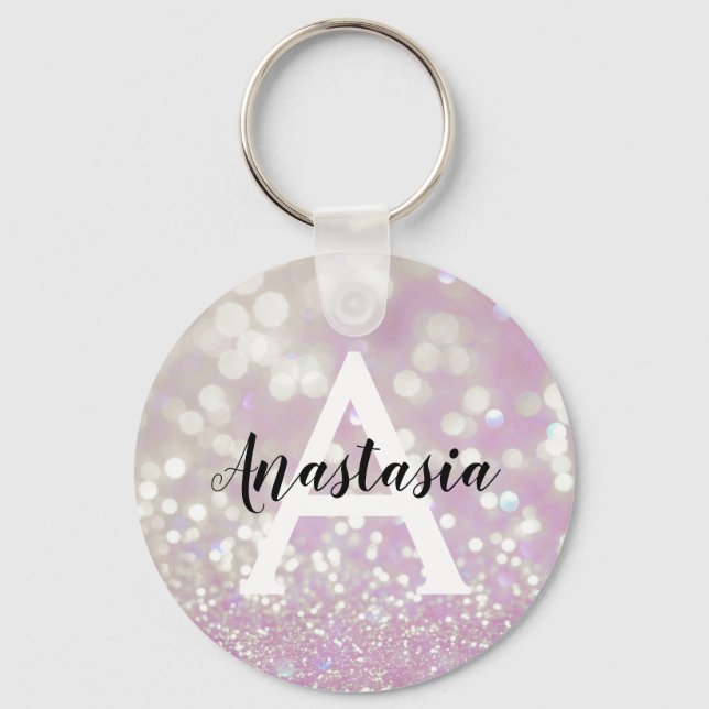Chaveiro Lilás Girly Brilho Glitter Faíscas Monograma Nome (Frente)