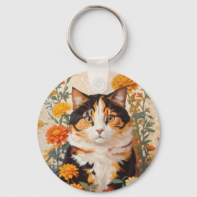 Chaveiro Linda Gato Calico Com Flores Marigold (Frente)