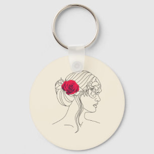 Chaveiro Linha contínua de mulher com Rosa vermelha no cabe
