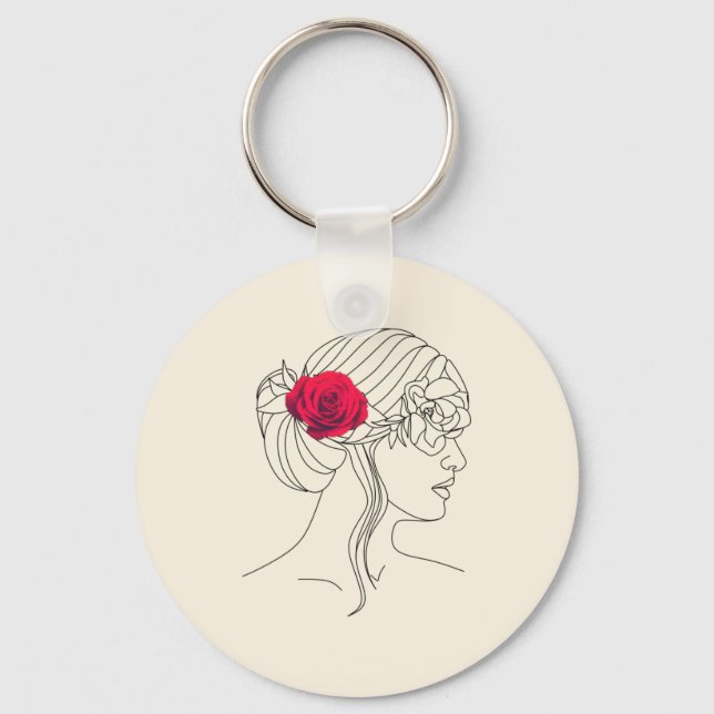 Chaveiro Linha contínua de mulher com Rosa vermelha no cabe (Frente)