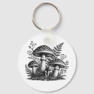 Chaveiro Linocut de cogumelos florestais vintage