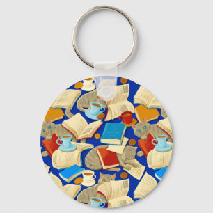 Chaveiro Livros e gatos em azul