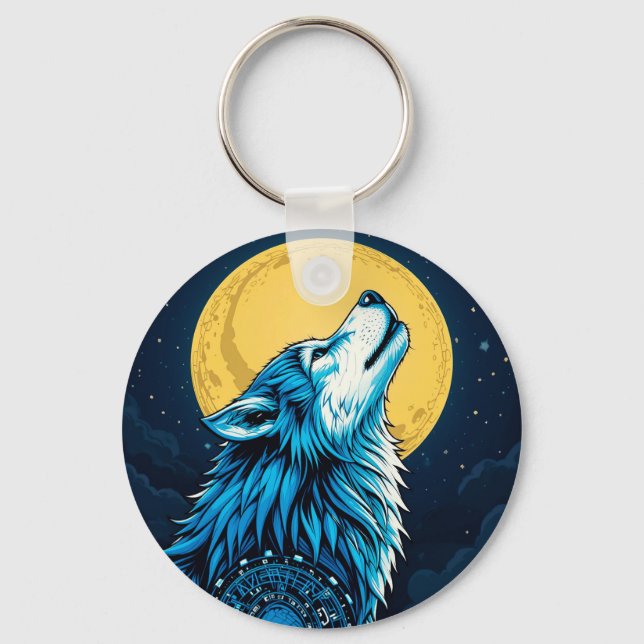 Chaveiro Lobo Azul Místico Uivando sob a Lua Cheia (Frente)