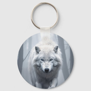 Chaveiro Lobo Branco na Floresta Foggy