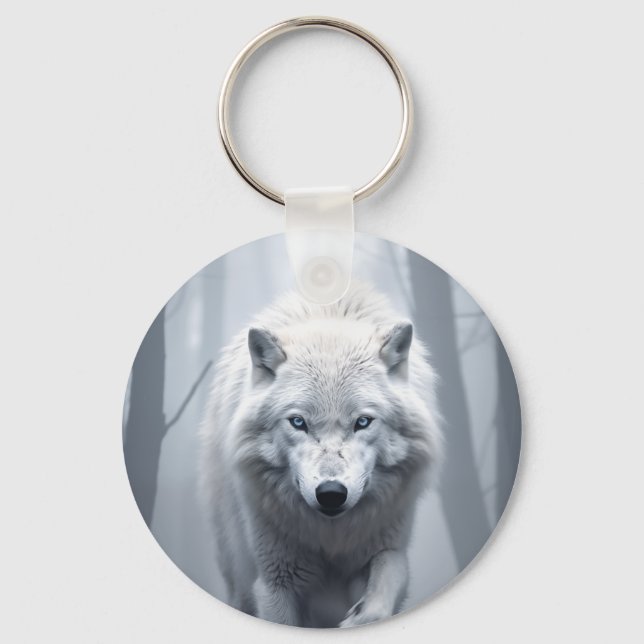 Chaveiro Lobo Branco na Floresta Foggy (Frente)