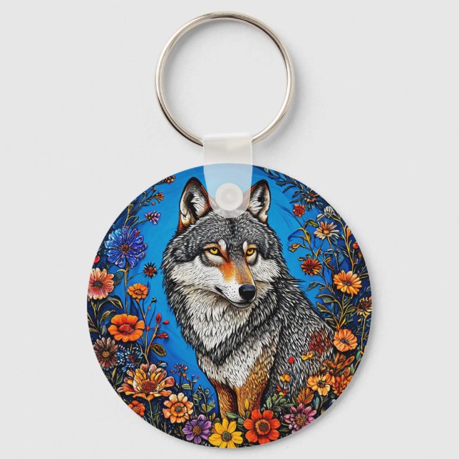Chaveiro Lobo Entre Flores Vibrantes (Frente)