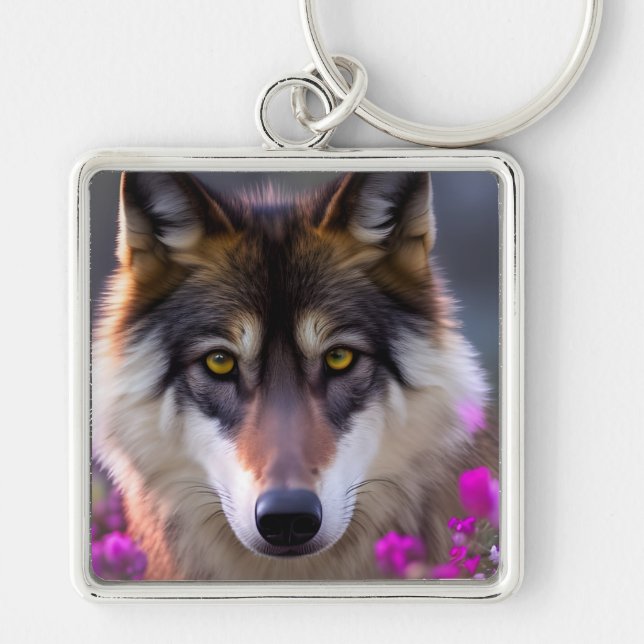 Chaveiro Lobo jovem em flores rosa (Frente)