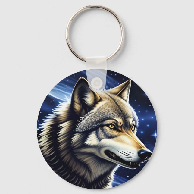 Chaveiro Lobo Majestoso Sob Céu Estrelado (Frente)