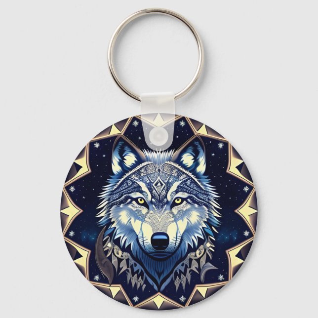 Chaveiro Lobo Majestoso Sob Céu Estrelado (Frente)