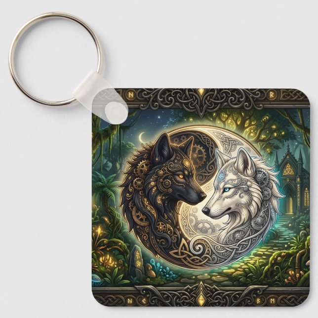 Chaveiro Lobos Yin Yang Celtas – Harmonia Steampunk.  (Frente)