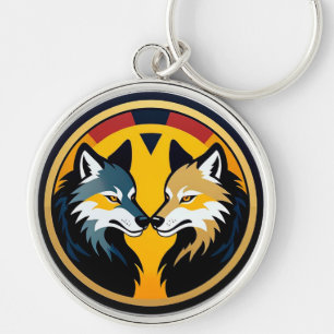 Chaveiro Logotipo de Emblema de Lobo Duplo com Círculo Dour