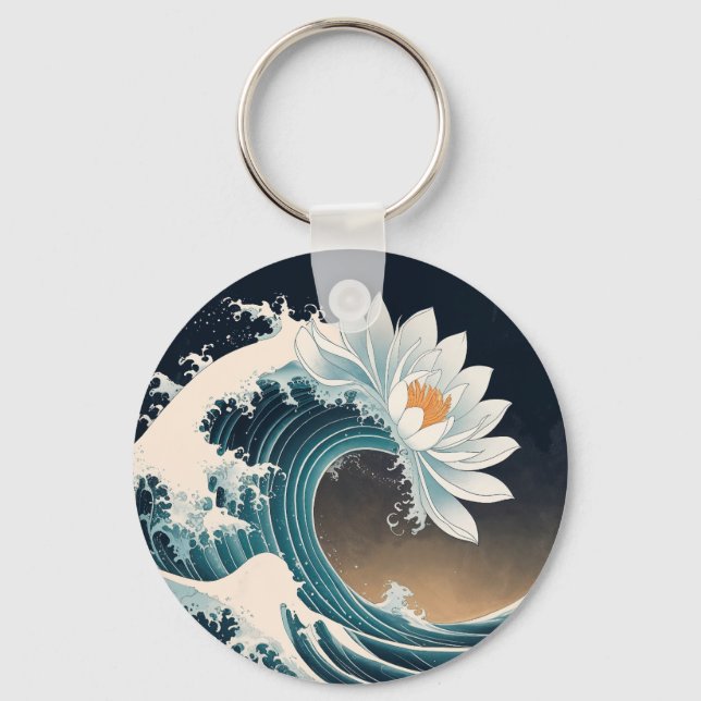 Chaveiro Lotus Branco e Onda Oceânica - Elegância em movime (Frente)
