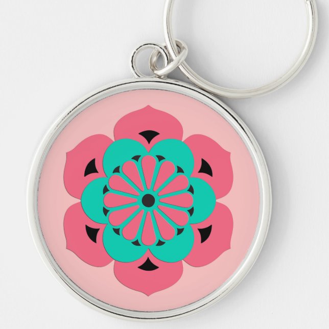 Chaveiro Lotus Flower Mandala, Coral Rosa e Turquesa (Frente)