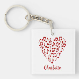 Chaveiro Love Music Heart of Red Music Notes with Name