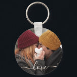 Chaveiro Love Script<br><div class="desc">Sua foto favorita em um chaveiro! Carregue sua própria imagem para criar seu chaveiro por você mesmo ou dê como presente para a família,  amigos,  pais e avós! A palavra amor em um cheque é exibida sobre sua foto.</div>