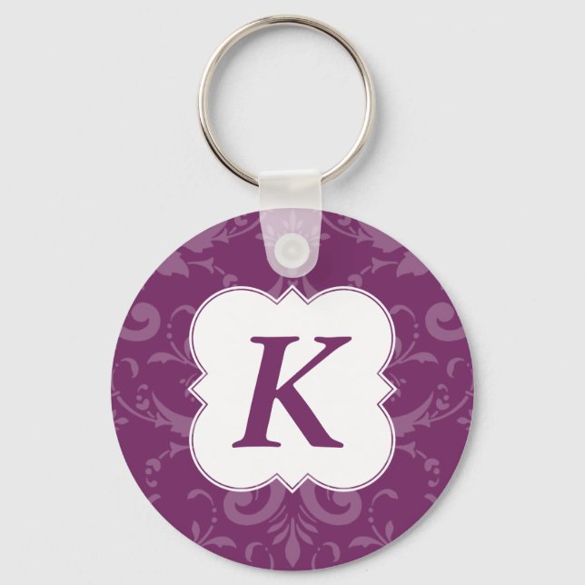 Chaveiro Lovely Labels Purple Damask Custom Initial (Frente)