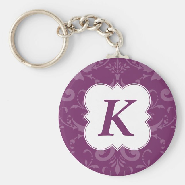Chaveiro Lovely Labels Purple Damask Custom Initial (Frente)