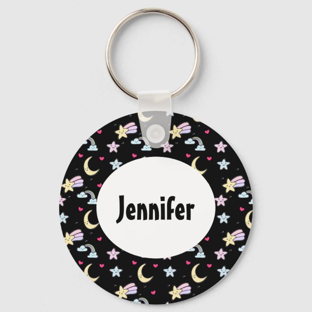 Chaveiro Lua branca, estrelas e nuvens padrão em preto (Frente)