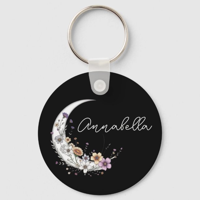 Chaveiro Lua Crescente Floral Nome Personalizado em Preto (Frente)