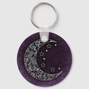Chaveiro Lua e estrelas do Crescente Floral ouro em Roxo