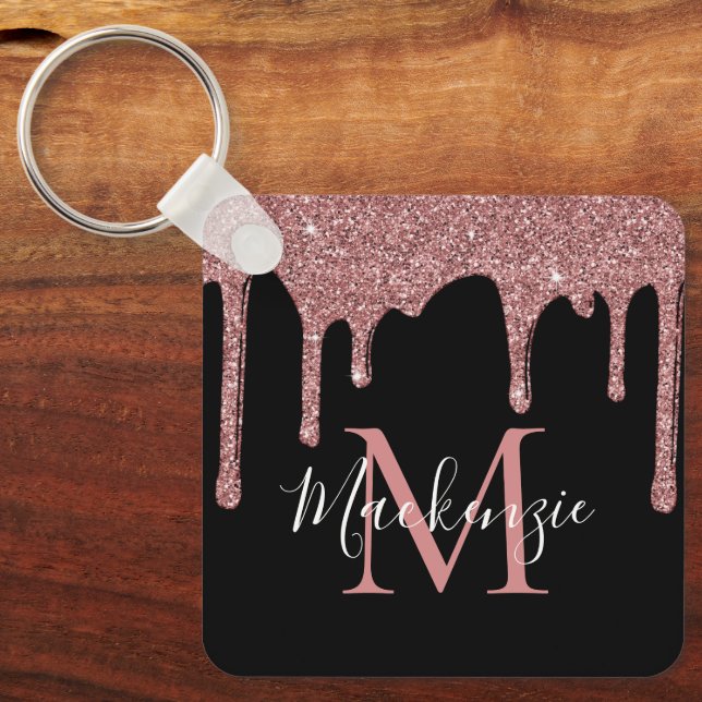 Chaveiro Luxo Monograma com Glitter Preto e Dourado Rosa (Frente)