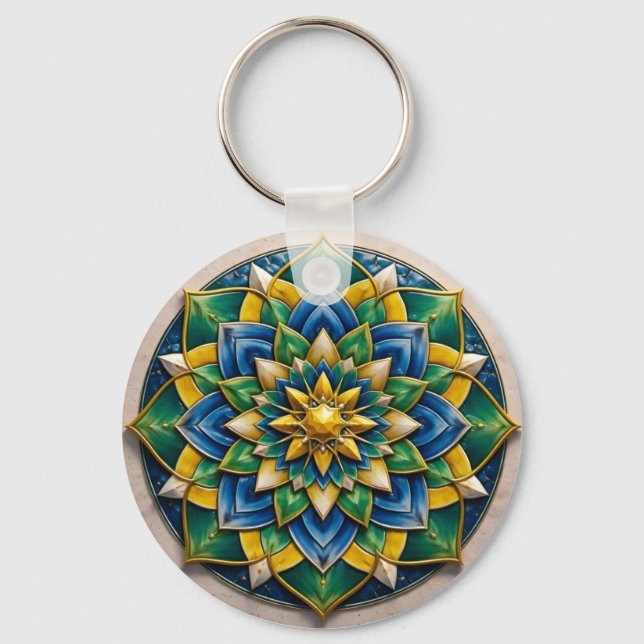 Chaveiro Luxury 3D Mandala Keychain - Geometric Gold & Gree (Frente)