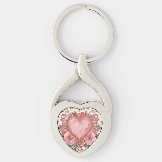 Chaveiro Luxury,Valentine, Love Pink Heart ,Flowers Pattern (Frente)
