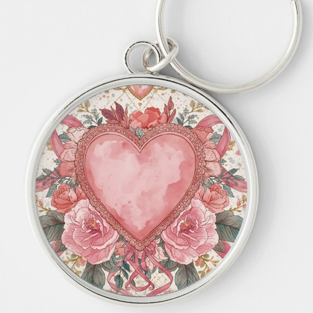 Chaveiro Luxury,Valentine, Love Pink Heart ,Flowers Pattern (Frente)