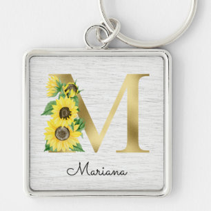 Chaveiro M Girly Floral Inicial Girassol Dourado Monograma