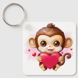Chaveiro Macaco Bebê Adorável Segurando Coração Vermelho
