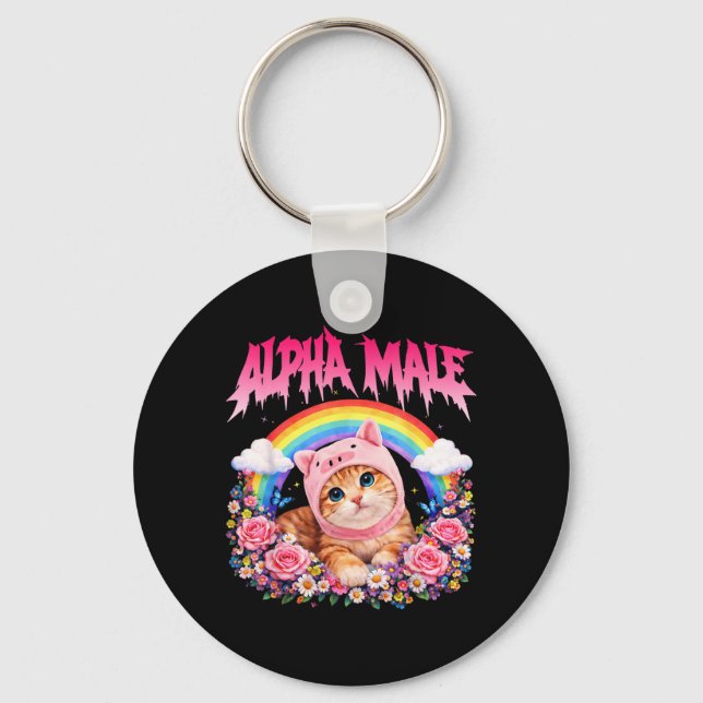 Chaveiro Macho Alfa Gato Engraçado Arco-íris Floral (Frente)