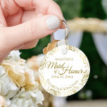 Chaveiro Madrinha de casamento Casamento Presente Dourado A<br><div class="desc">Estas chaveiros são projetadas para oferecer como favores à Madrinha de casamento na sua festa de casamento. Eles apresentam um design simples, mas elegante, com um fundo branco clássico, texto dourado, e uma borda floral de folha fina de folhas de ouro antiga. Uma maneira perfeita de obrigado da sua Madrinha...</div>