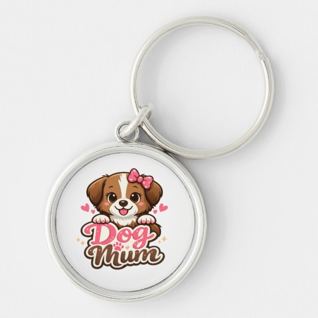 Chaveiro Mãe de Cachorro Fofa com Laço Rosa e Pegadas de Pa (Frente)