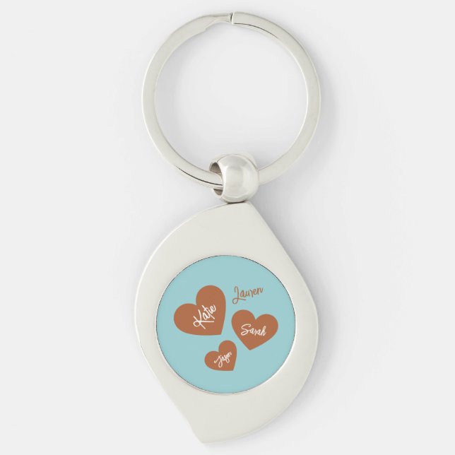 Chaveiro Mãe e Crianças Teais de Corações Personalizadas (Frente)