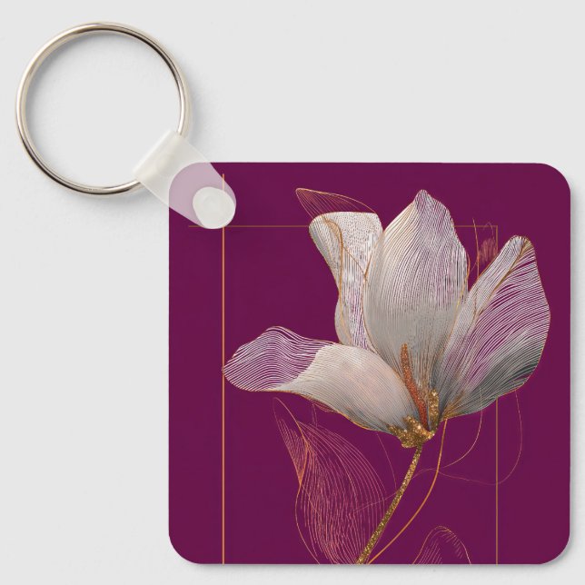 Chaveiro Magnólia Branca com Linhas Douradas em Magenta (Frente)