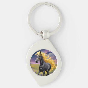 Chaveiro Majestoso Cavalo Preto com Crina Dourada Fluindo