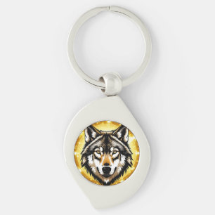 Chaveiro Majestoso Retrato de Lobo com Fundo Dourado