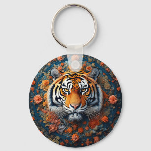Chaveiro Majestoso Retrato de Tigre Cercado por Flores