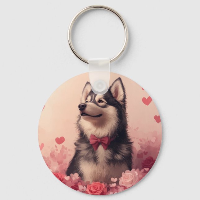 Chaveiro Malamute do Alasca com Rosas - Dia dos Namorados  (Frente)